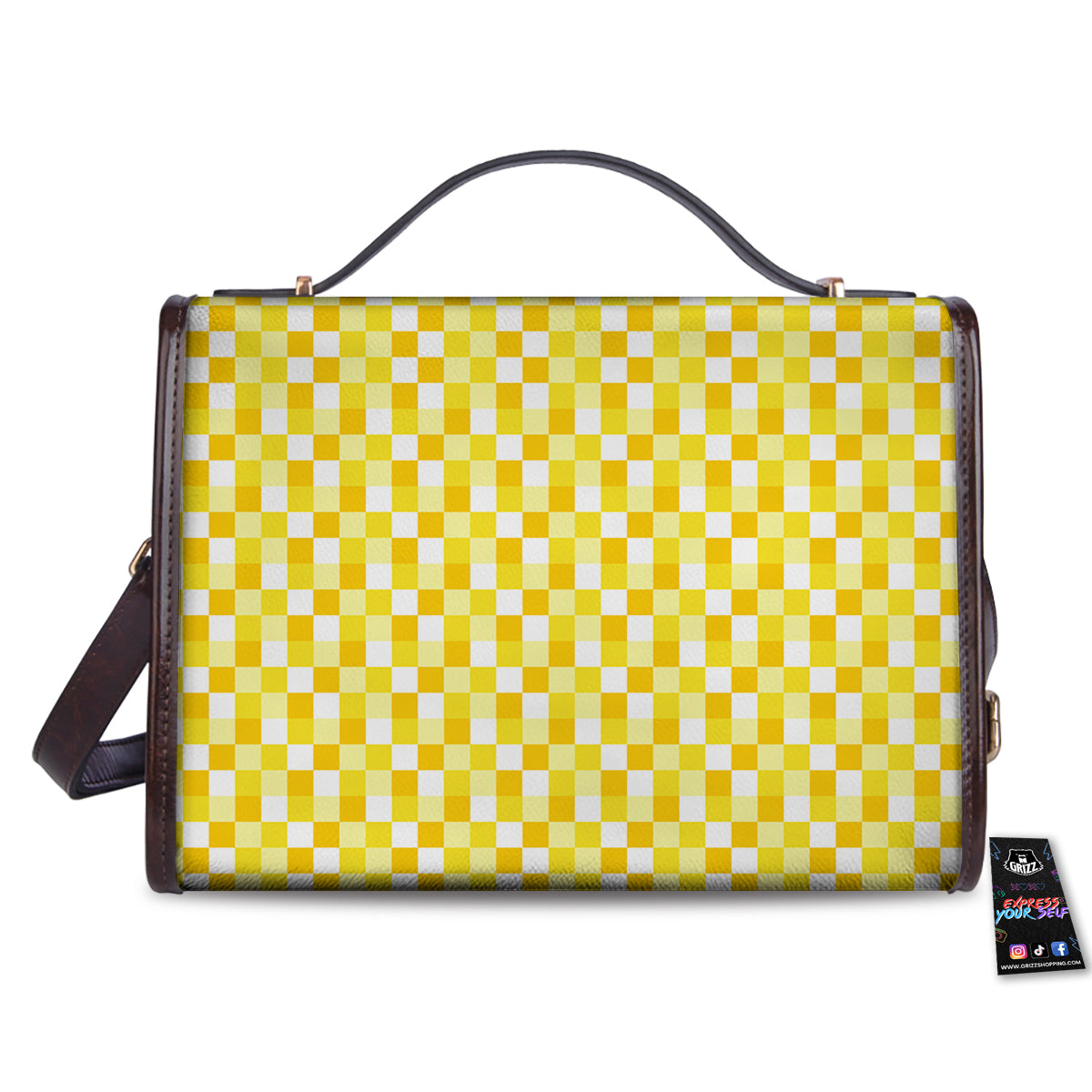 Checkered Yellow And White Print Pattern Women's Satchel Bag