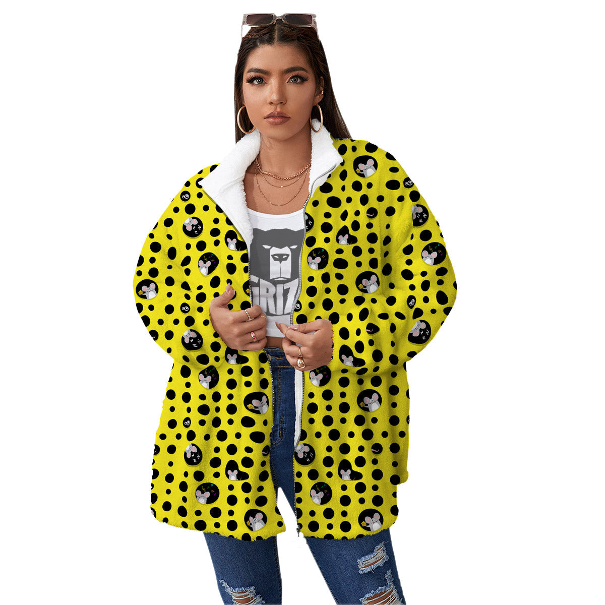 Cheese Cartoon Print Pattern Women's Sherpa Jacket-grizzshop
