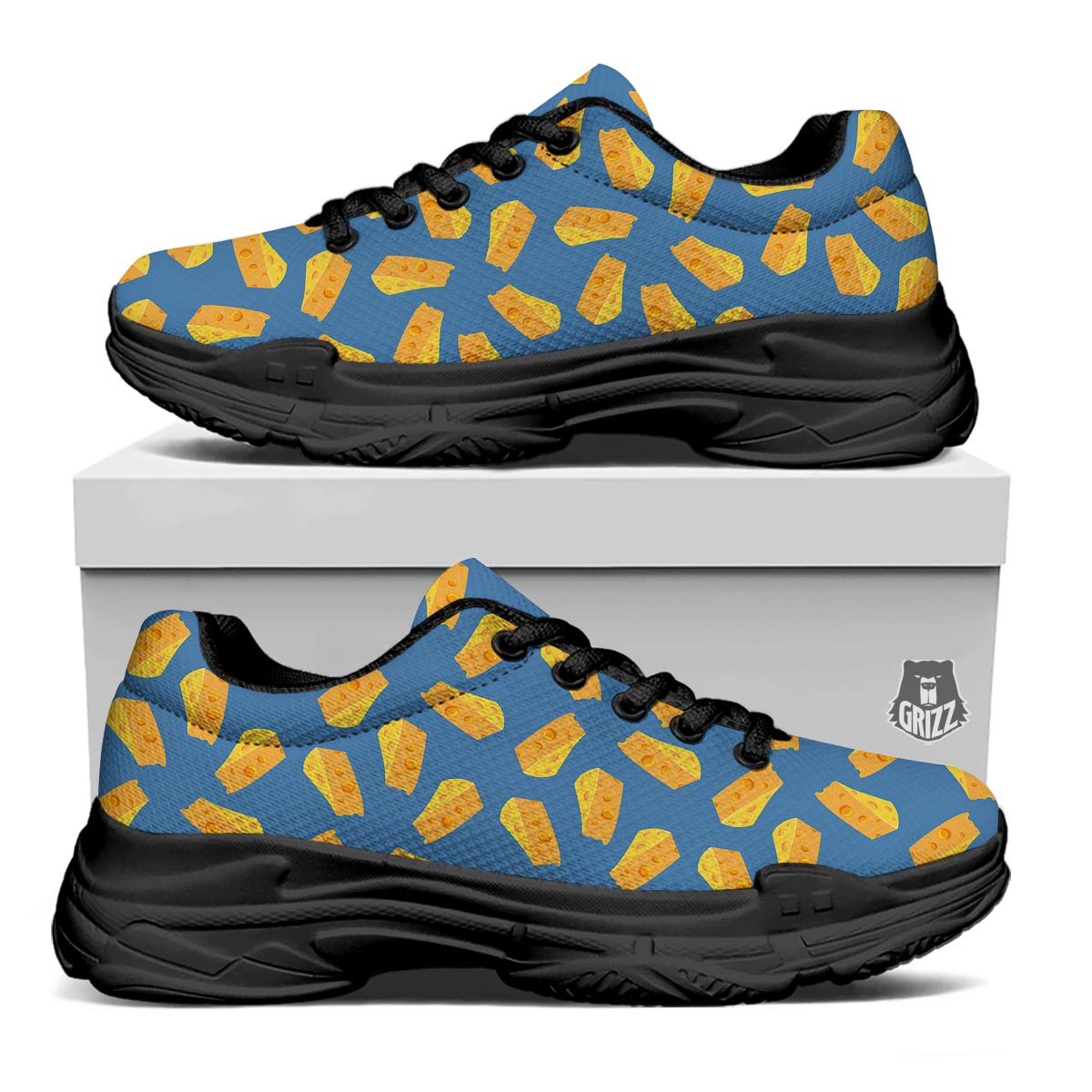 Cheese Slice Print Pattern Black Chunky Shoes-grizzshop