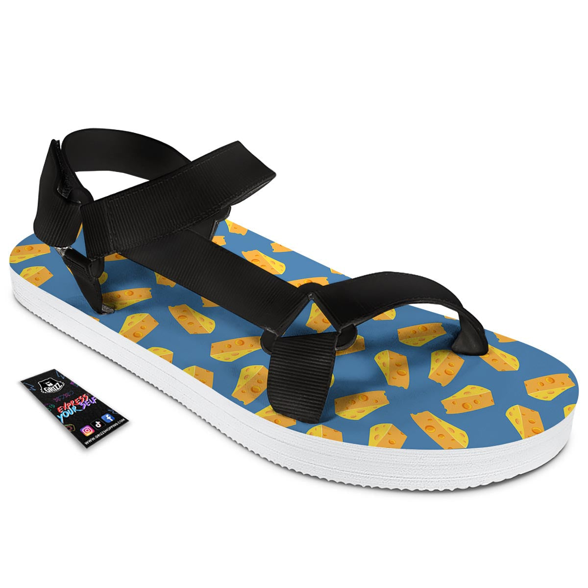Cheese Slice Print Pattern Black Open Toe Sandals-grizzshop