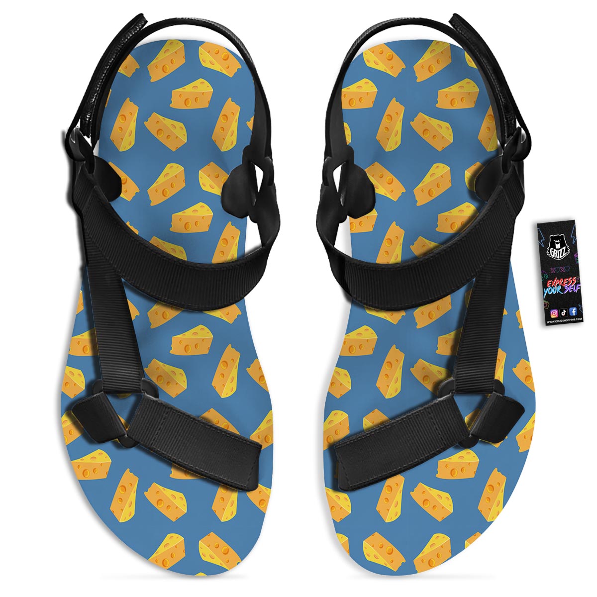 Cheese Slice Print Pattern Black Open Toe Sandals-grizzshop