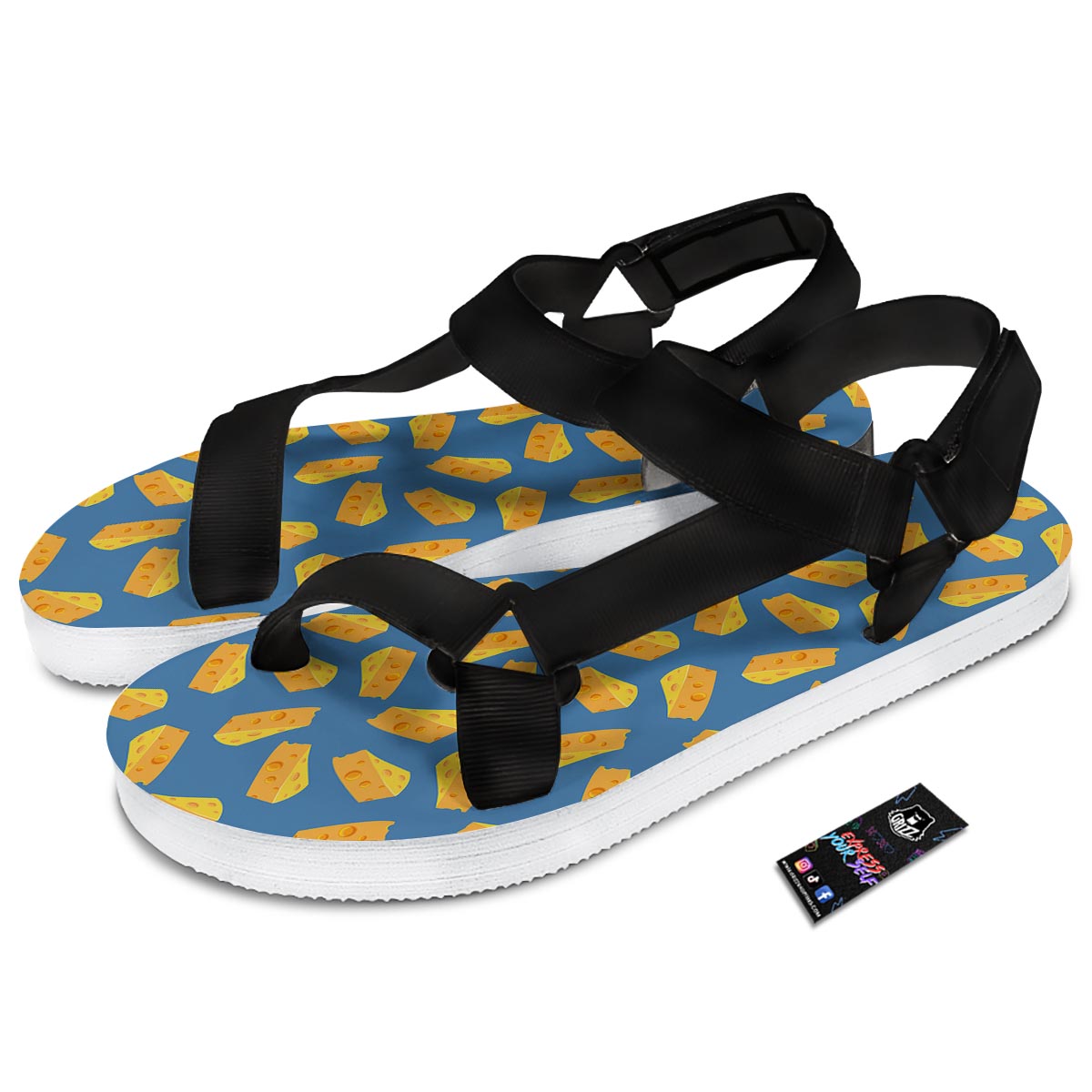 Cheese Slice Print Pattern Black Open Toe Sandals-grizzshop