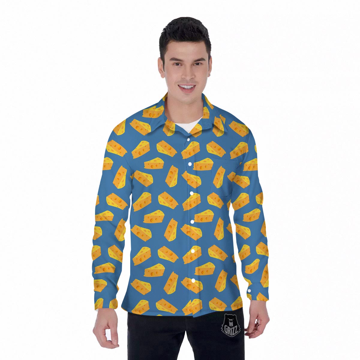 Cheese Slice Print Pattern Men's Long Sleeve Shirts-grizzshop