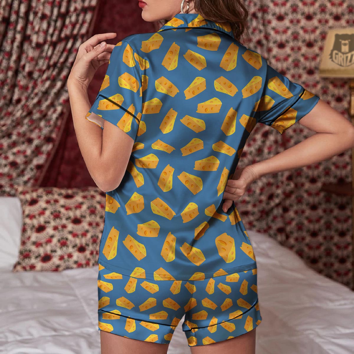 Cheese Slice Print Pattern Women Silk Pajamas-grizzshop