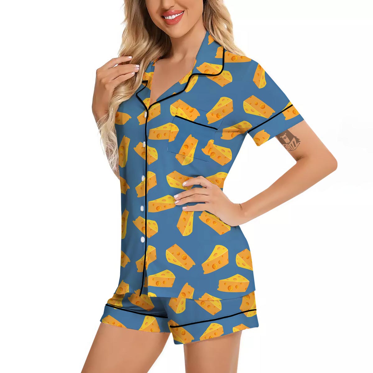 Cheese Slice Print Pattern Women Silk Pajamas-grizzshop