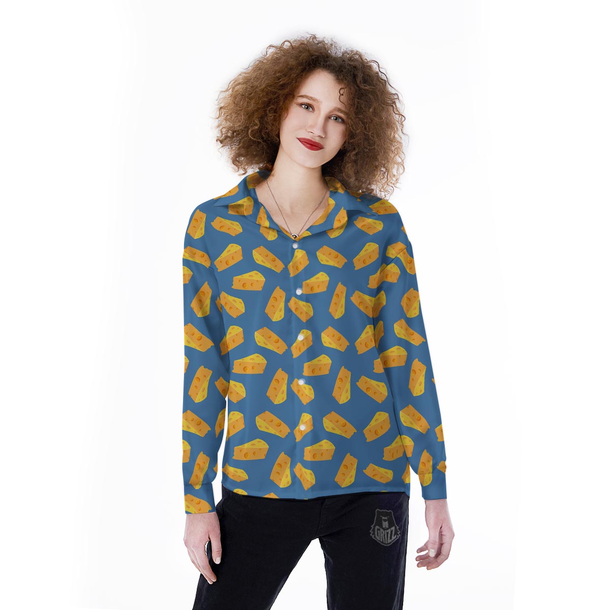 Cheese Slice Print Pattern Women's Long Sleeve Shirts-grizzshop