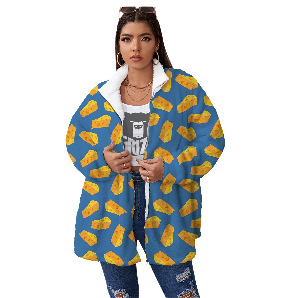 Cheese Slice Print Pattern Women's Sherpa Jacket-grizzshop