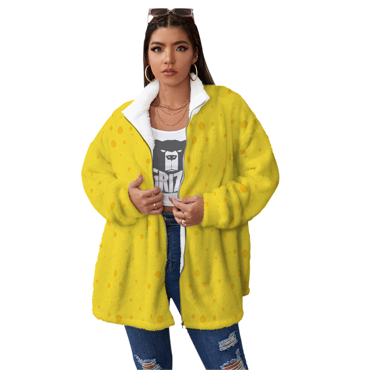 Cheese Yellow Print Pattern Women's Sherpa Jacket-grizzshop