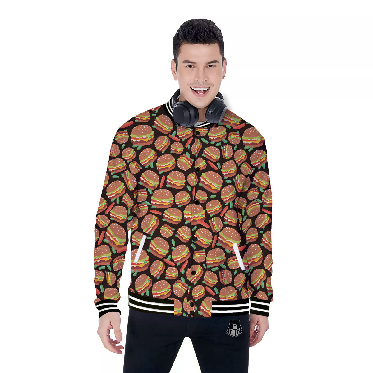 Cheeseburger Print Pattern Baseball Jacket-grizzshop