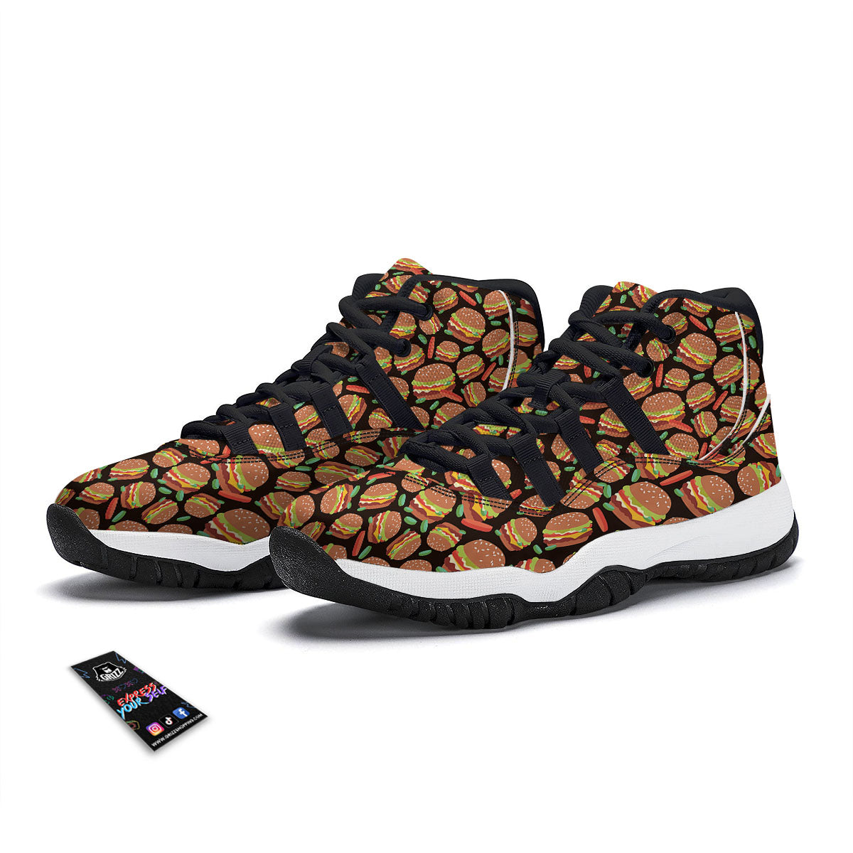 Cheeseburger Print Pattern Black Bball Shoes-grizzshop