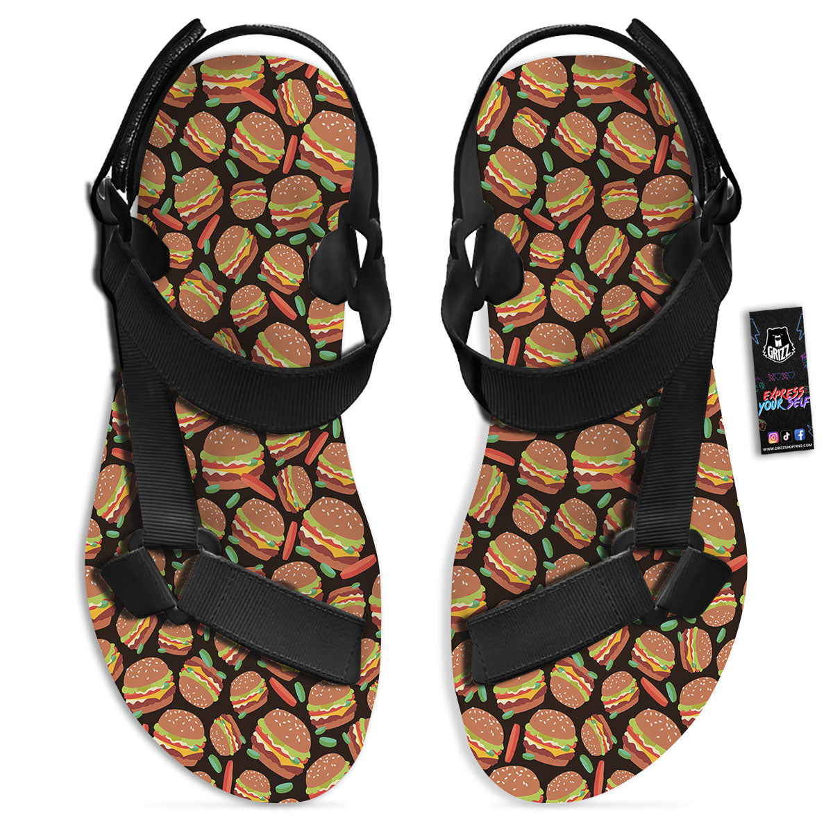 Cheeseburger Print Pattern Black Open Toe Sandals-grizzshop