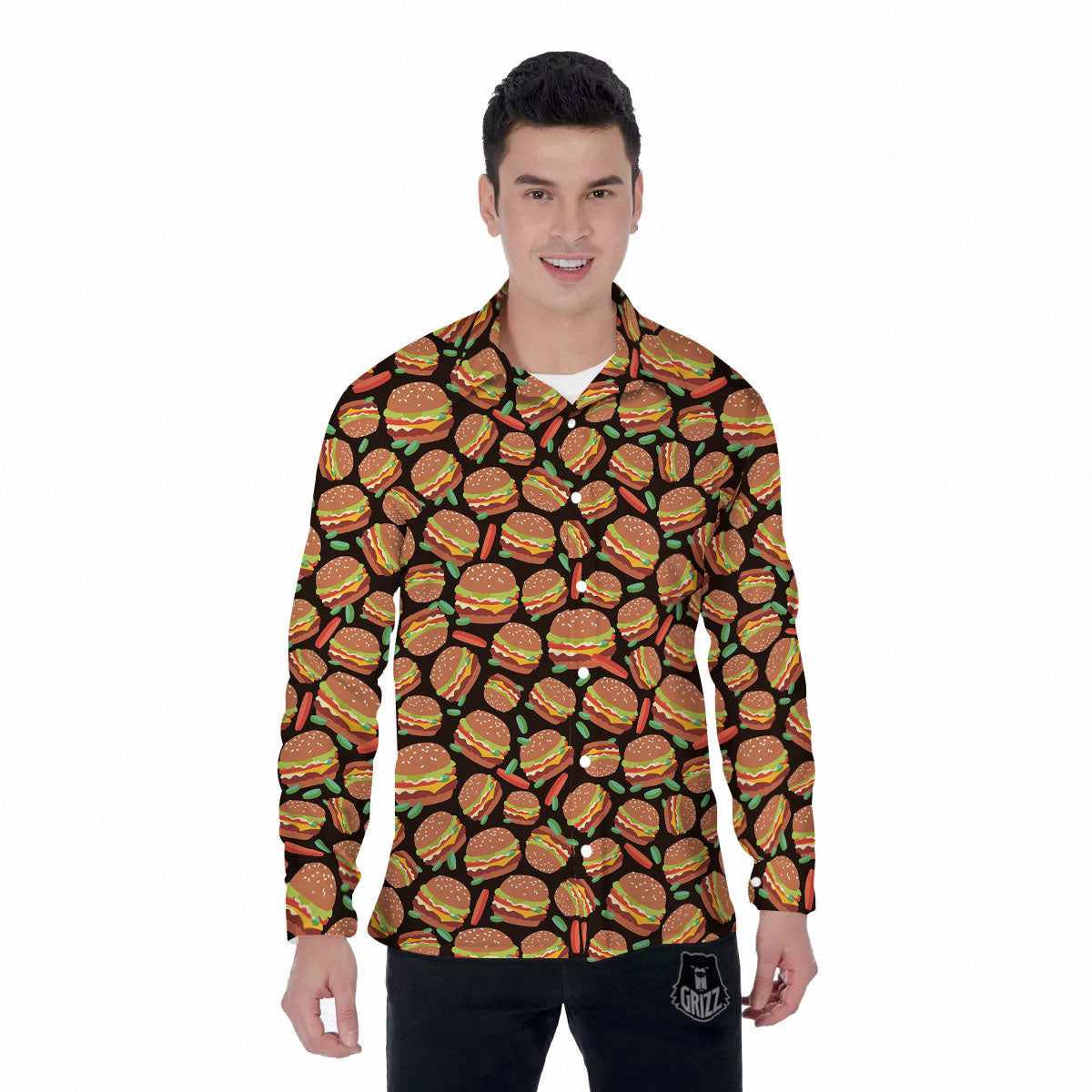 Cheeseburger Print Pattern Men's Long Sleeve Shirts-grizzshop