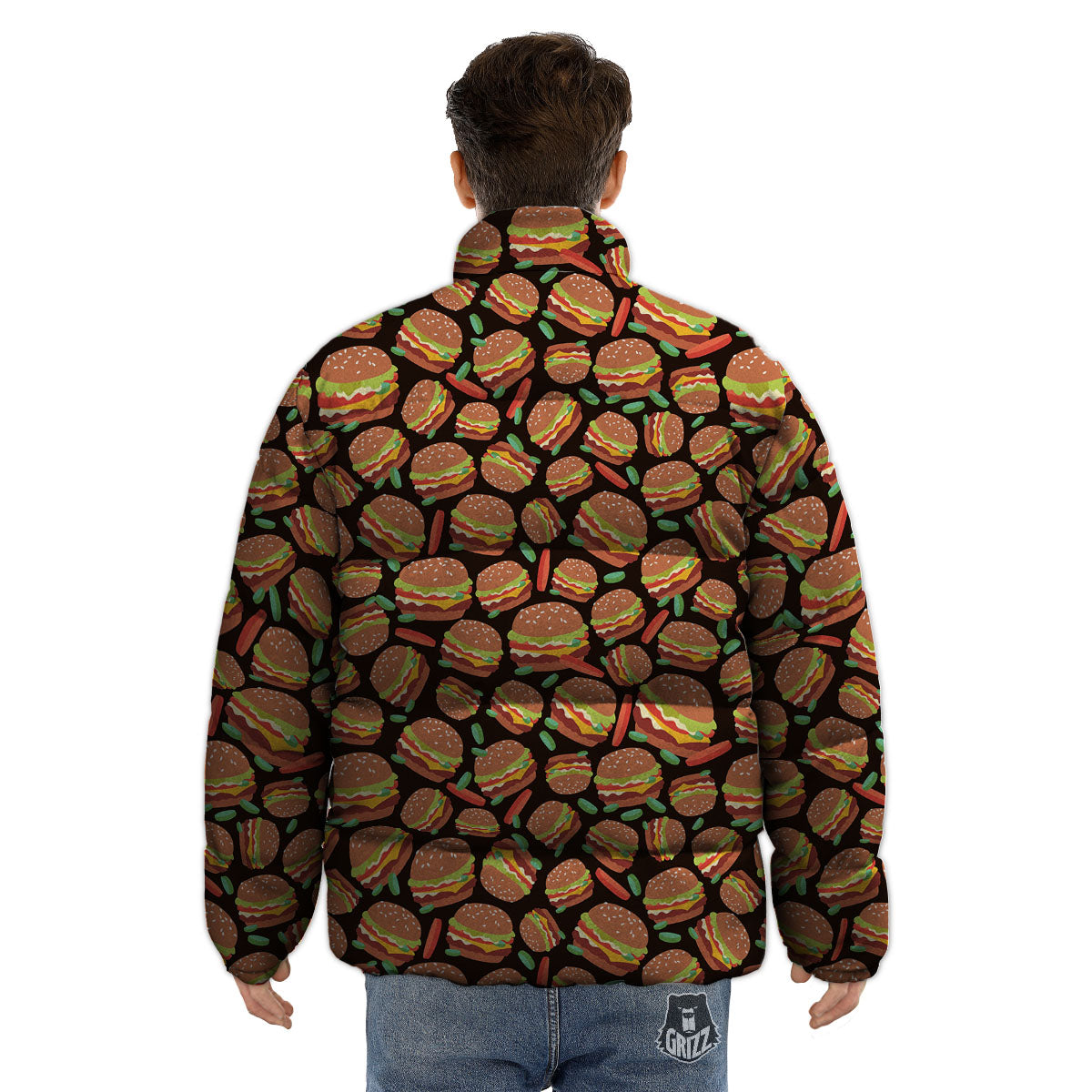 Cheeseburger Print Pattern Puffer Jacket-grizzshop
