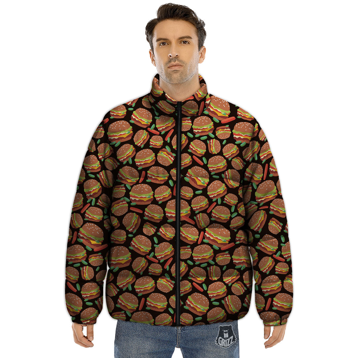 Cheeseburger Print Pattern Puffer Jacket-grizzshop