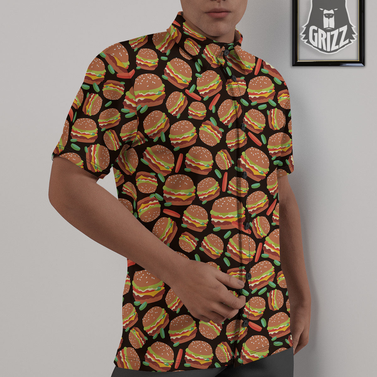 Cheeseburger Print Pattern Untucked Shirts-grizzshop