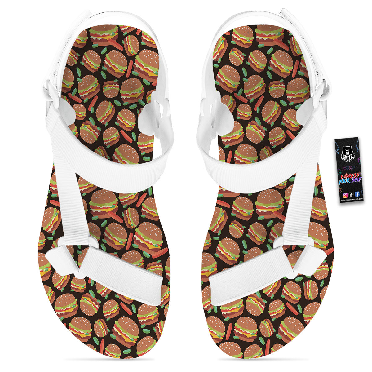 Cheeseburger Print Pattern White Open Toe Sandals-grizzshop