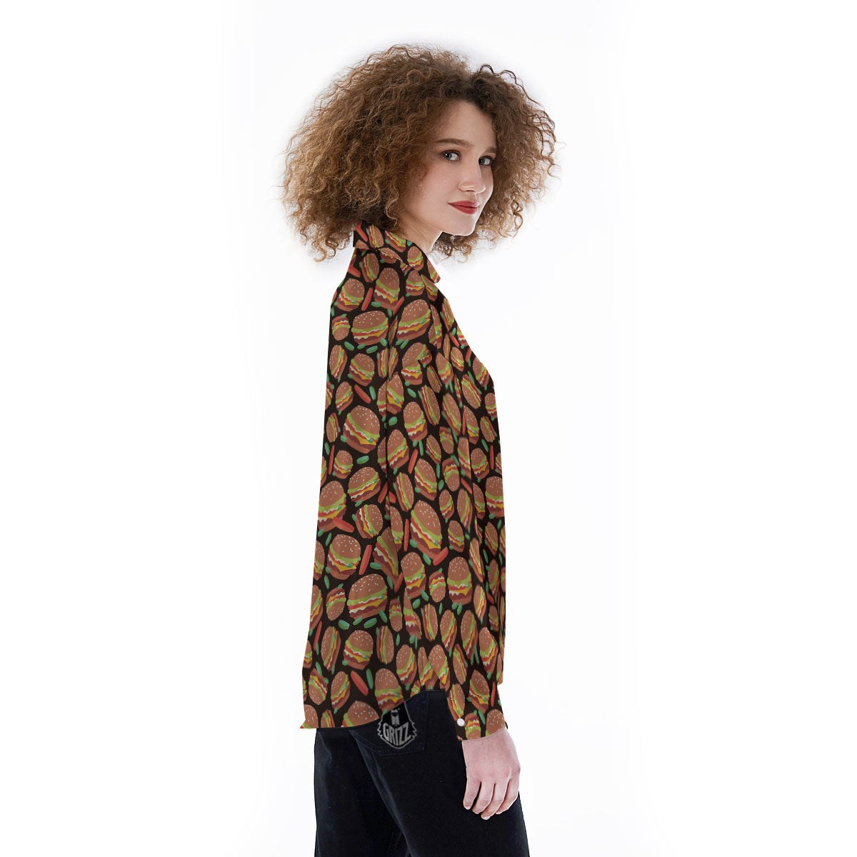 Cheeseburger Print Pattern Women's Long Sleeve Shirts-grizzshop