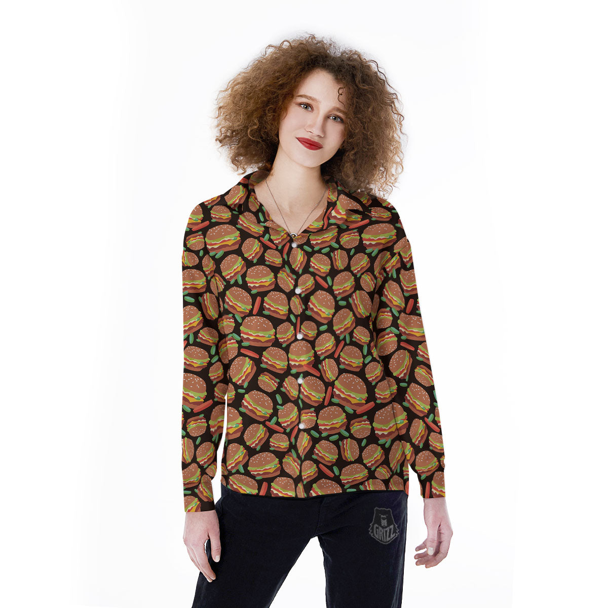 Cheeseburger Print Pattern Women's Long Sleeve Shirts-grizzshop