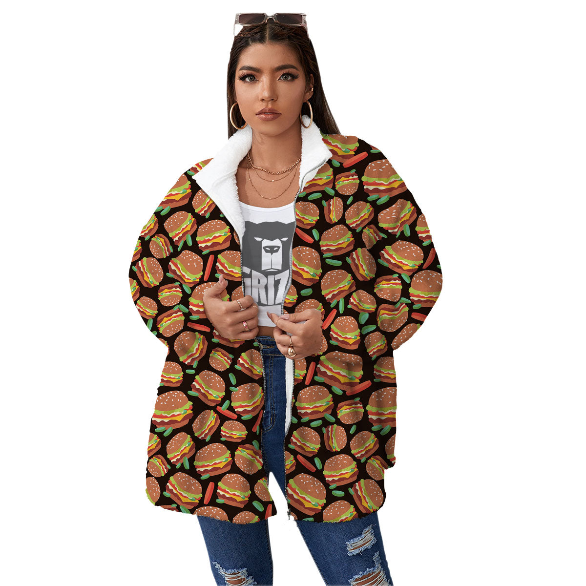 Cheeseburger Print Pattern Women's Sherpa Jacket-grizzshop
