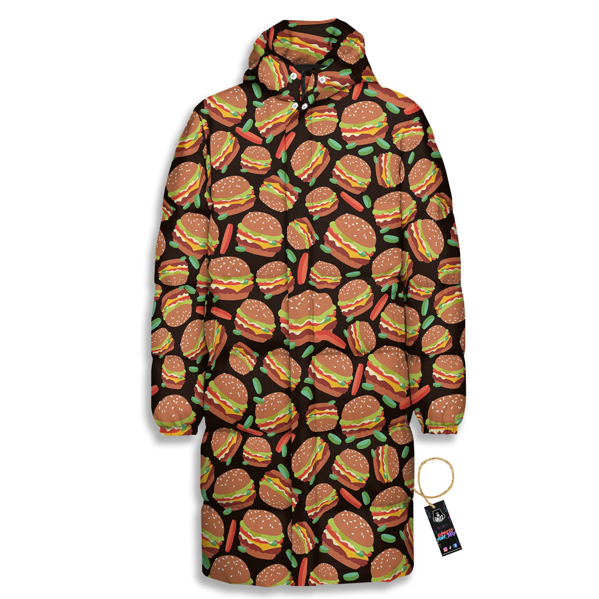 Cheeseburger Print Pattern Long Down Jacket