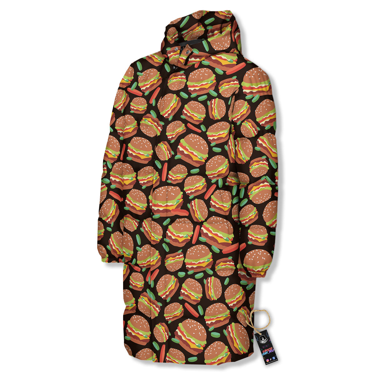 Cheeseburger Print Pattern Long Down Jacket