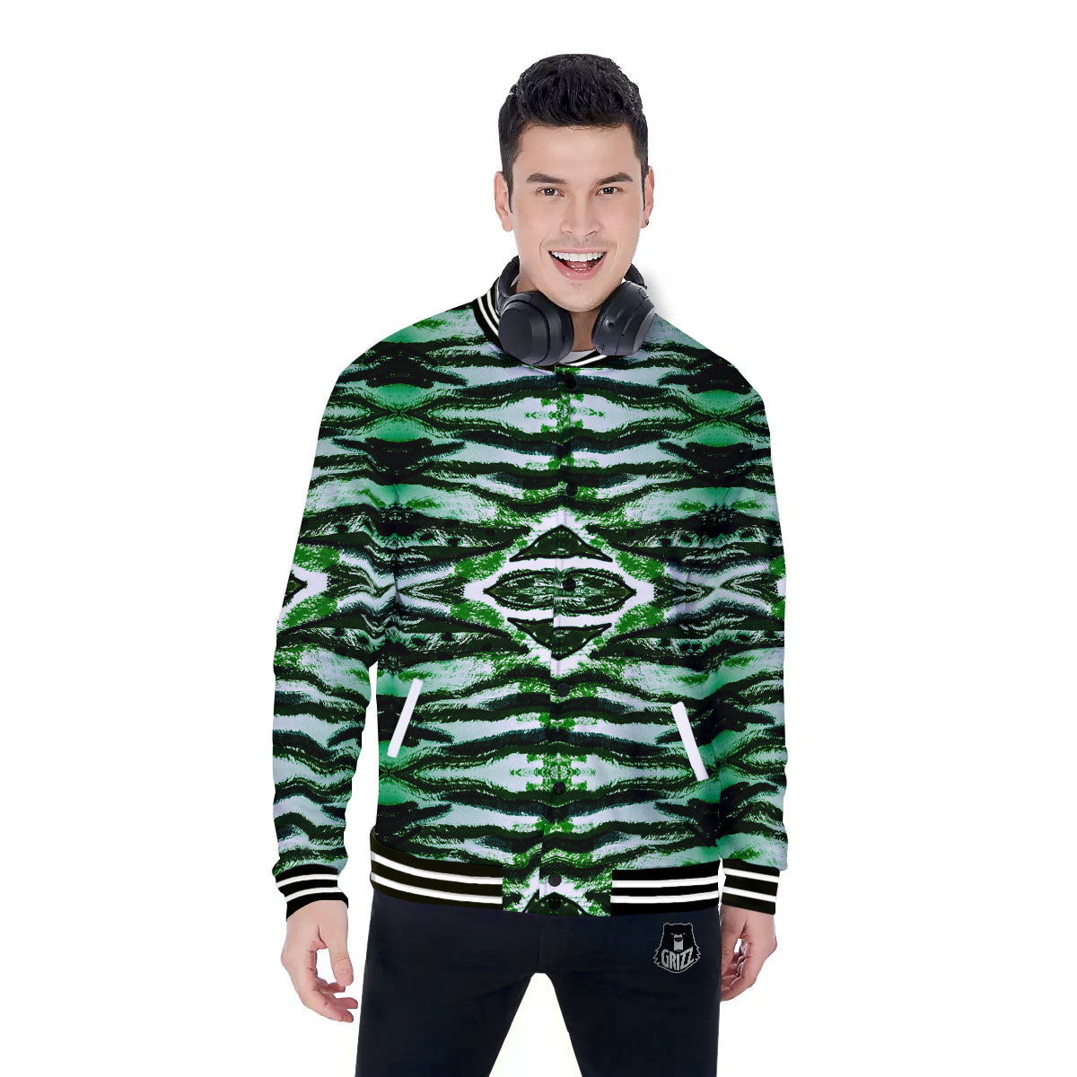 Cheetah Black And Green Print Baseball Jacket-grizzshop