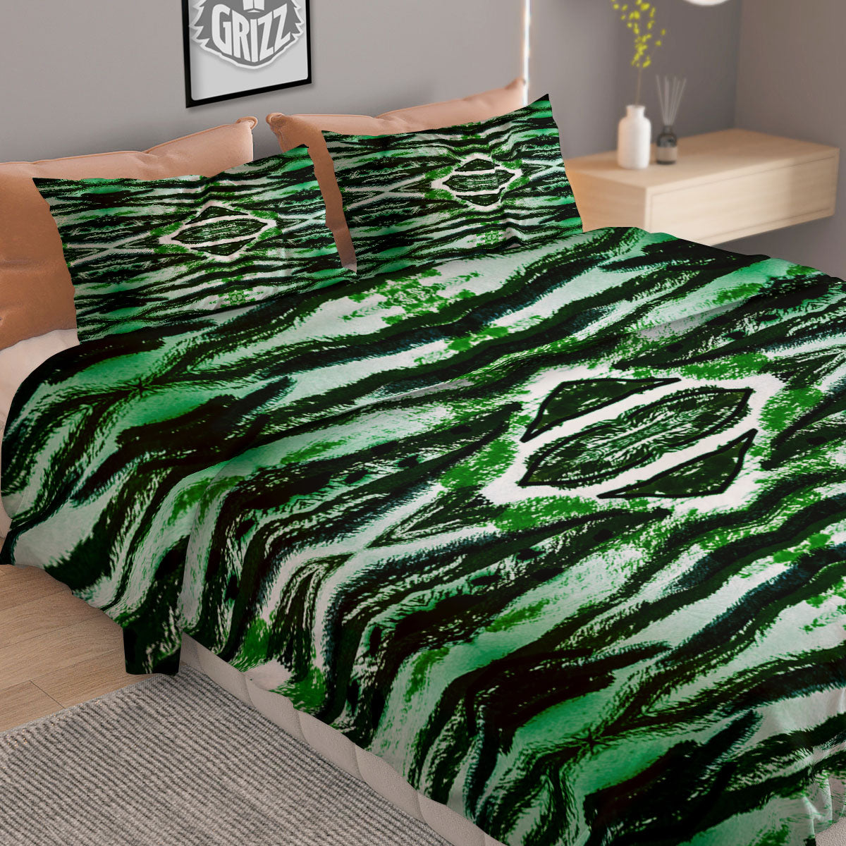 Cheetah Black And Green Print Duvet Cover Bedding Set