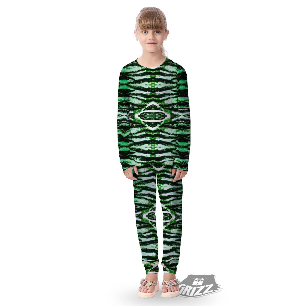 Cheetah Black And Green Print Kid's Pajamas-grizzshop
