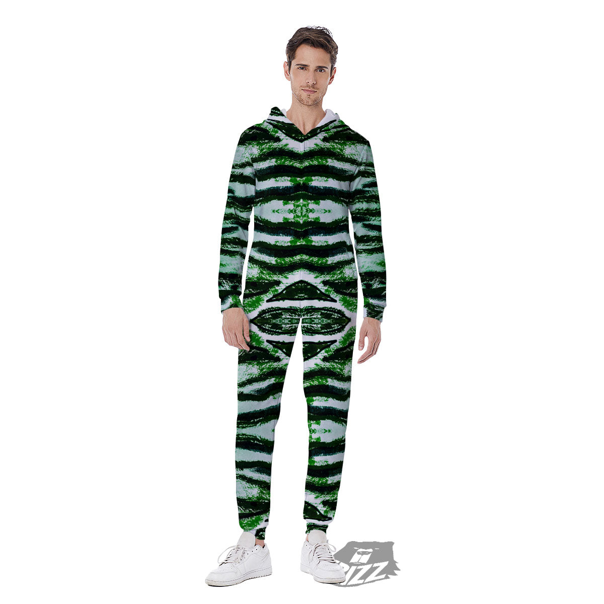 Cheetah Black And Green Print Men's Jumpsuit-grizzshop