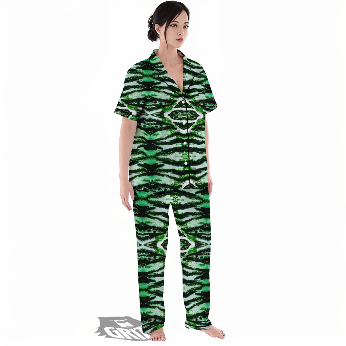 Cheetah Black And Green Print Women's Pajamas Set-grizzshop