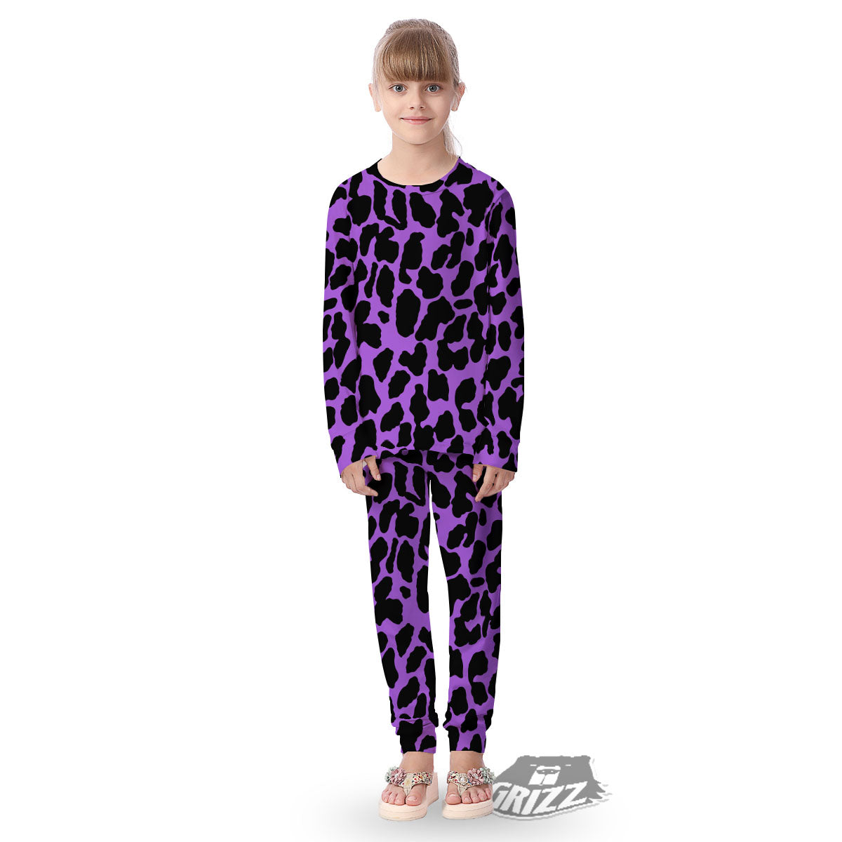Cheetah Black And Purple Print Kid's Pajamas-grizzshop