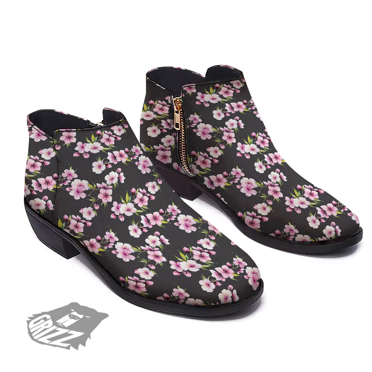 Cherry Blossom Chinese Print Pattern Ankle Boots-grizzshop