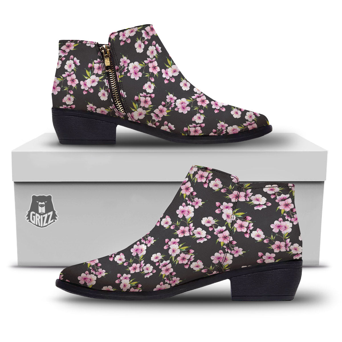 Cherry Blossom Chinese Print Pattern Ankle Boots-grizzshop