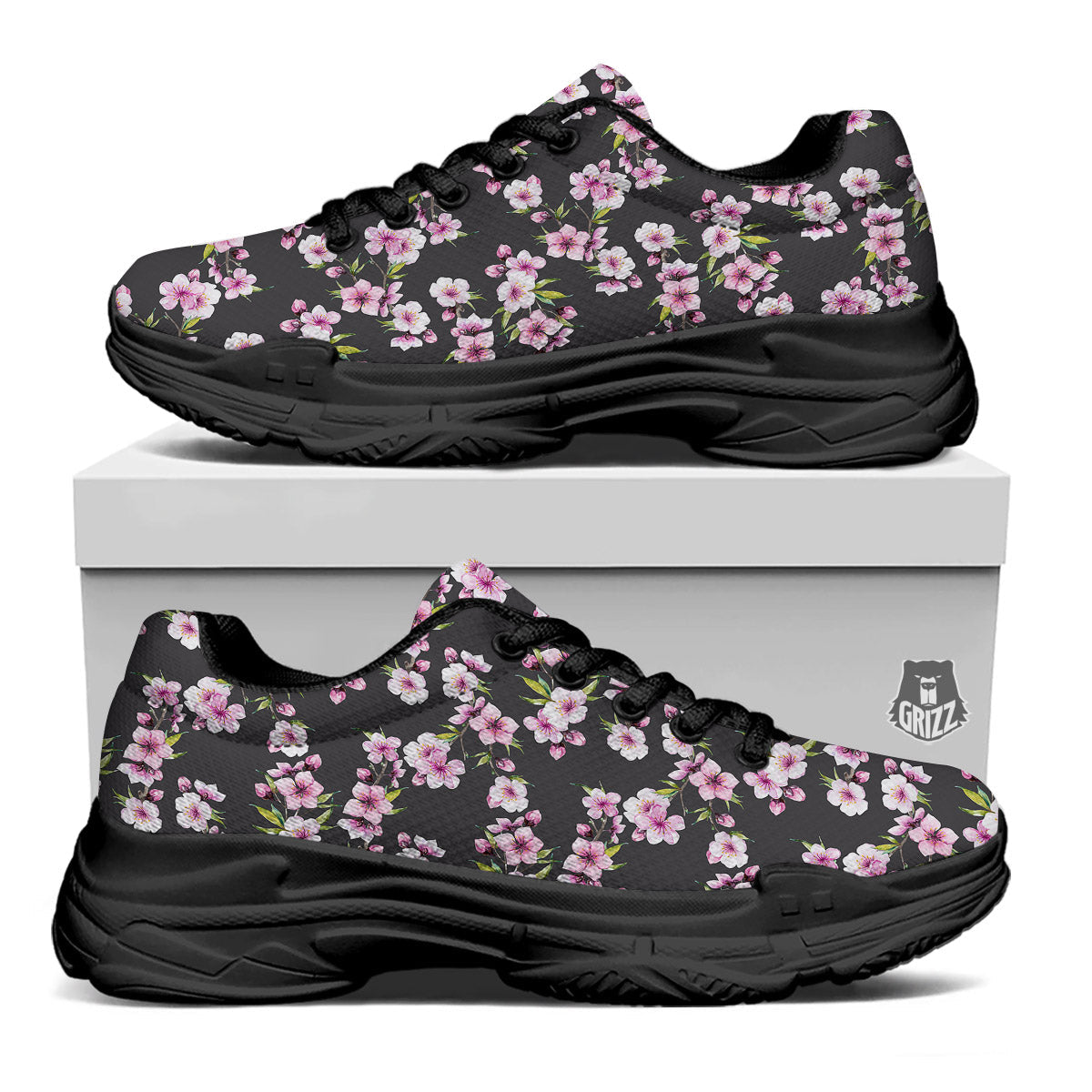 Cherry Blossom Chinese Print Pattern Black Chunky Shoes-grizzshop