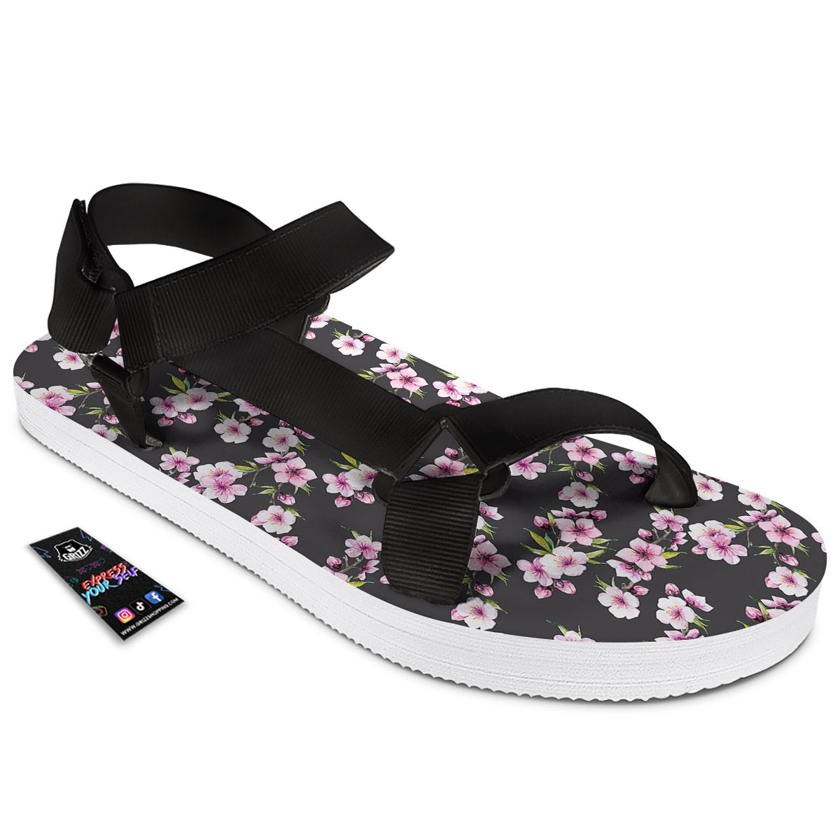 Cherry Blossom Chinese Print Pattern Black Open Toe Sandals-grizzshop