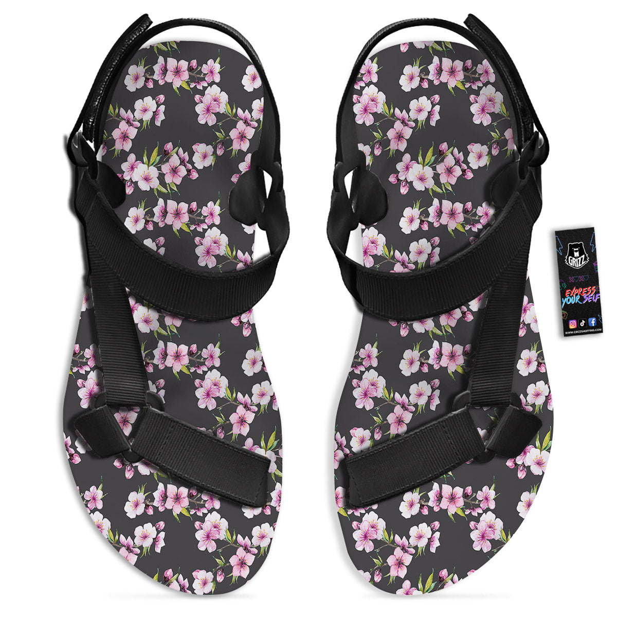 Cherry Blossom Chinese Print Pattern Black Open Toe Sandals-grizzshop