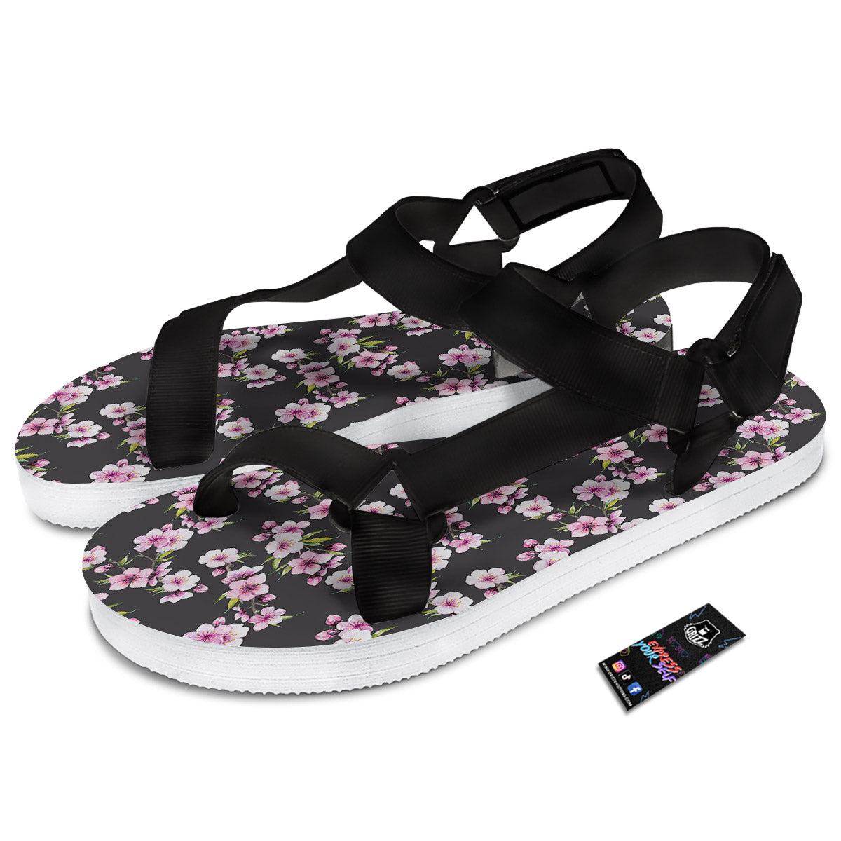 Cherry Blossom Chinese Print Pattern Black Open Toe Sandals-grizzshop