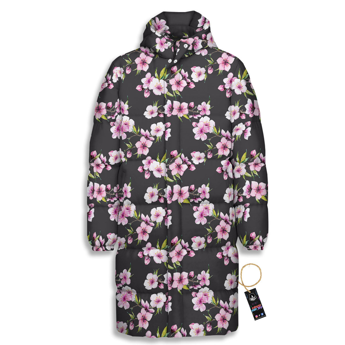 Cherry Blossom Chinese Print Pattern Long Down Jacket-grizzshop