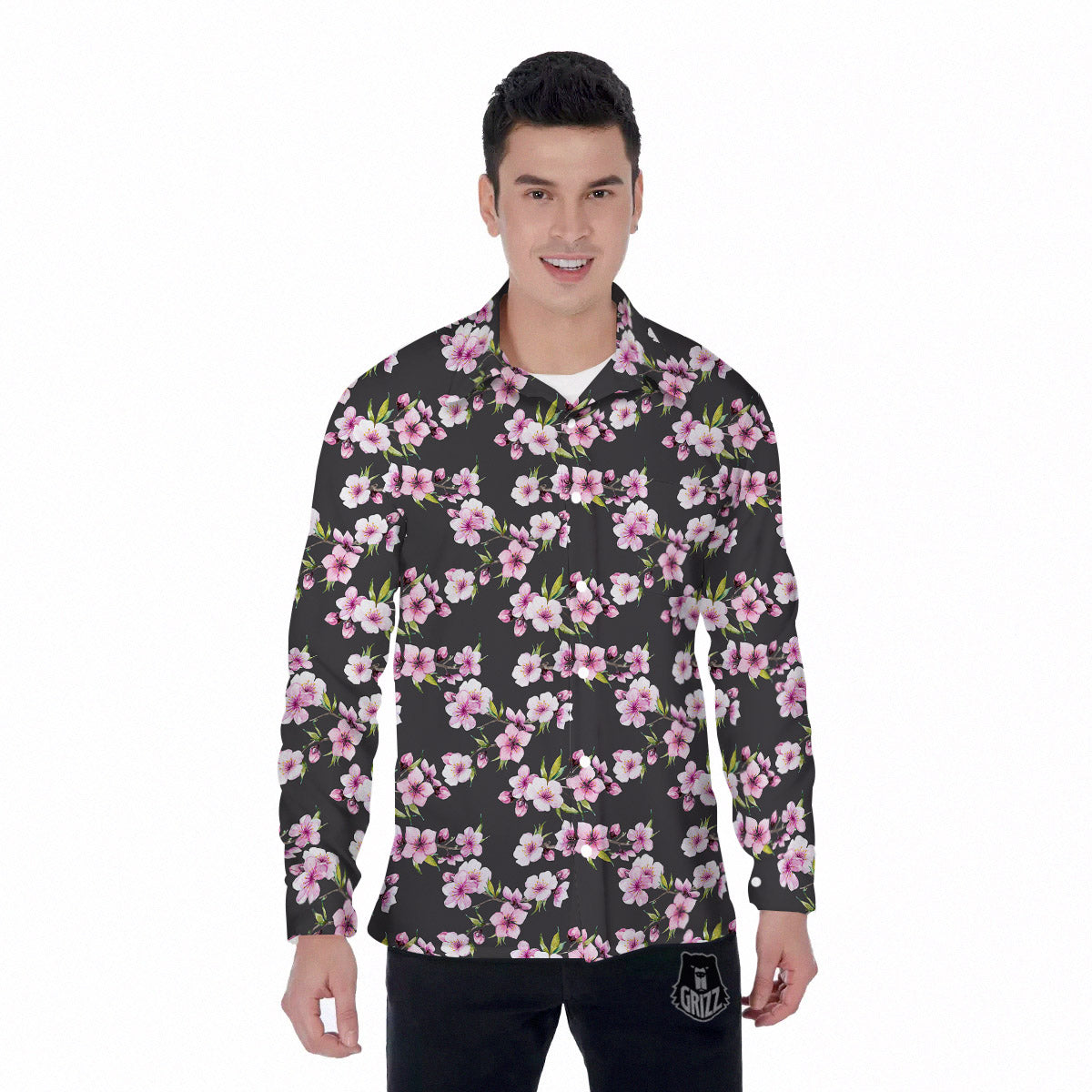 Cherry Blossom Chinese Print Pattern Men's Long Sleeve Shirts-grizzshop