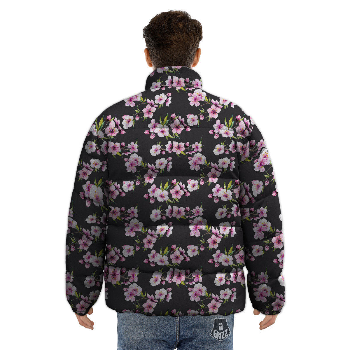 Cherry Blossom Chinese Print Pattern Puffer Jacket-grizzshop