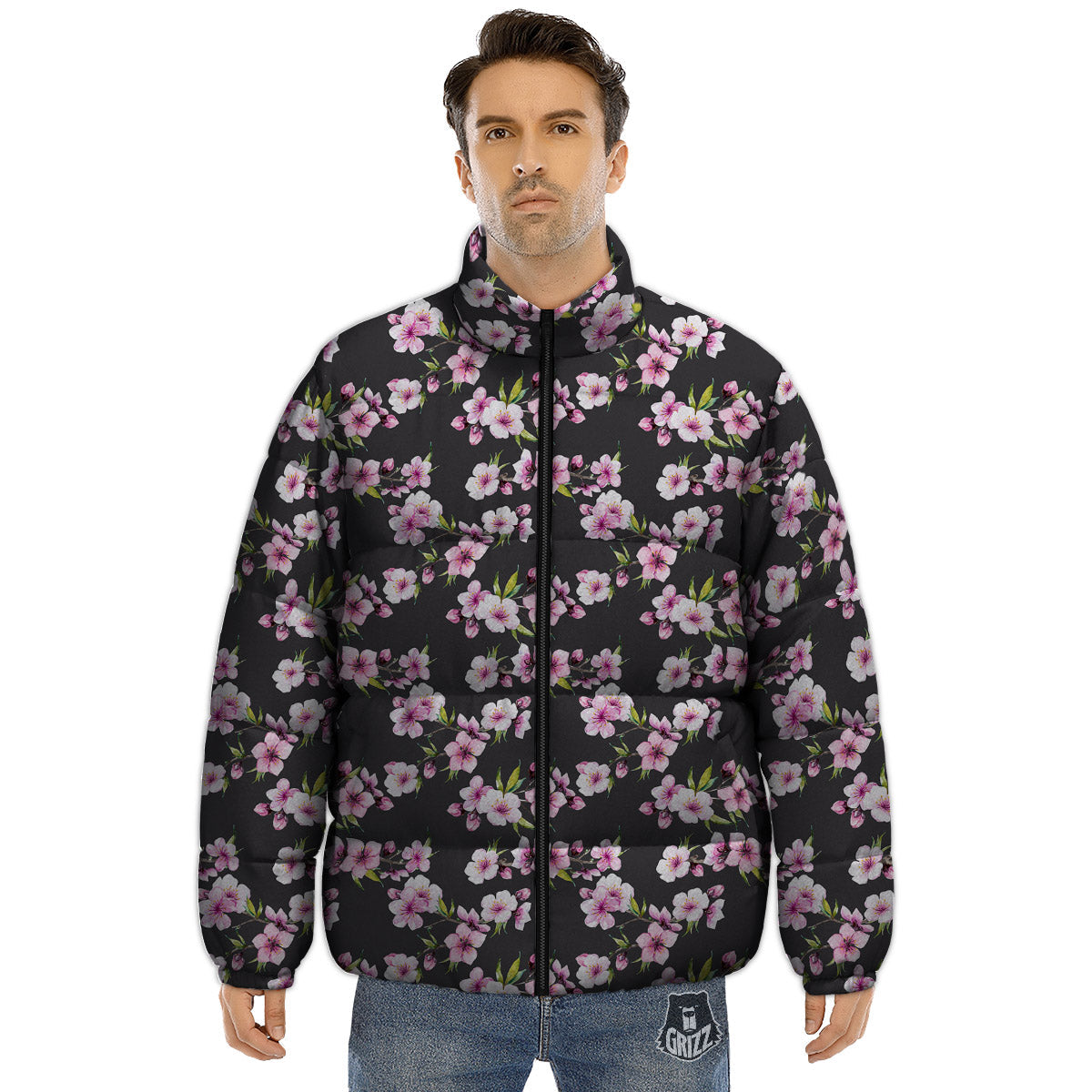 Cherry Blossom Chinese Print Pattern Puffer Jacket-grizzshop