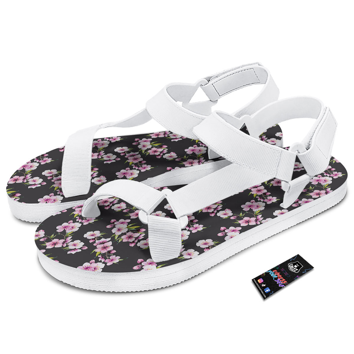 Cherry Blossom Chinese Print Pattern White Open Toe Sandals-grizzshop