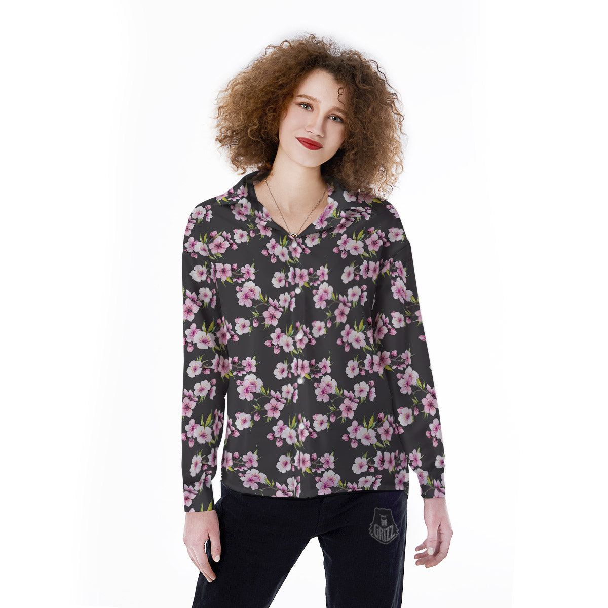 Cherry Blossom Chinese Print Pattern Women's Long Sleeve Shirts-grizzshop