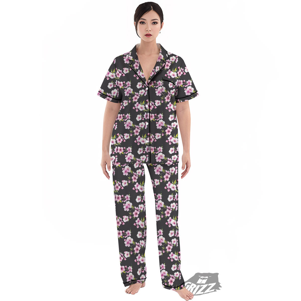 Cherry Blossom Chinese Print Pattern Women's Pajamas Set-grizzshop