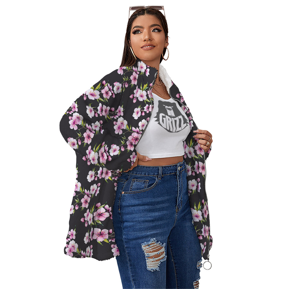 Cherry Blossom Chinese Print Pattern Women's Sherpa Jacket-grizzshop