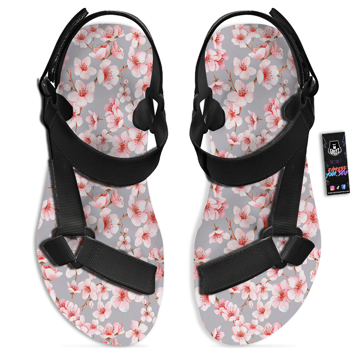 Cherry Blossom Japanese Print Pattern Black Open Toe Sandals-grizzshop
