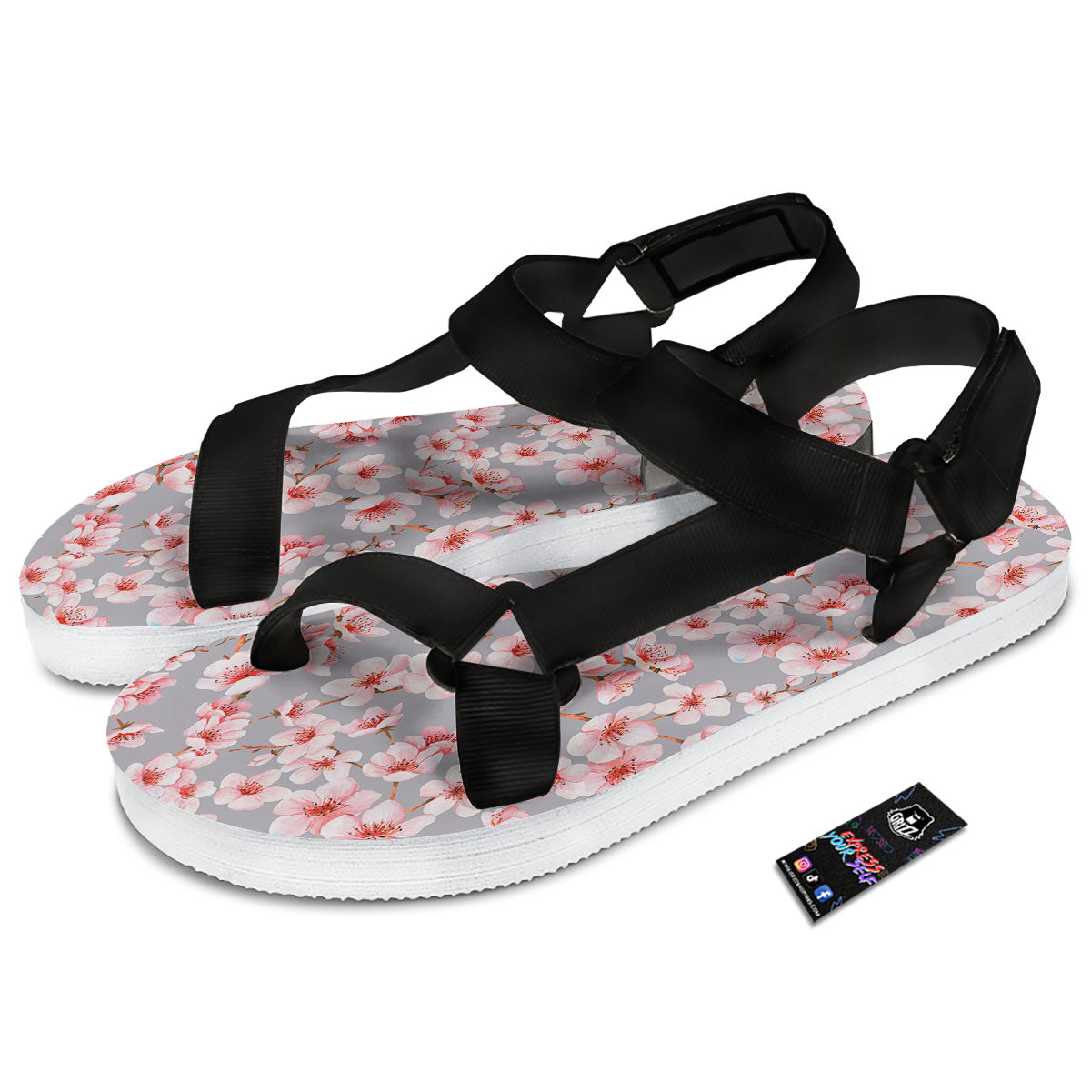 Cherry Blossom Japanese Print Pattern Black Open Toe Sandals-grizzshop