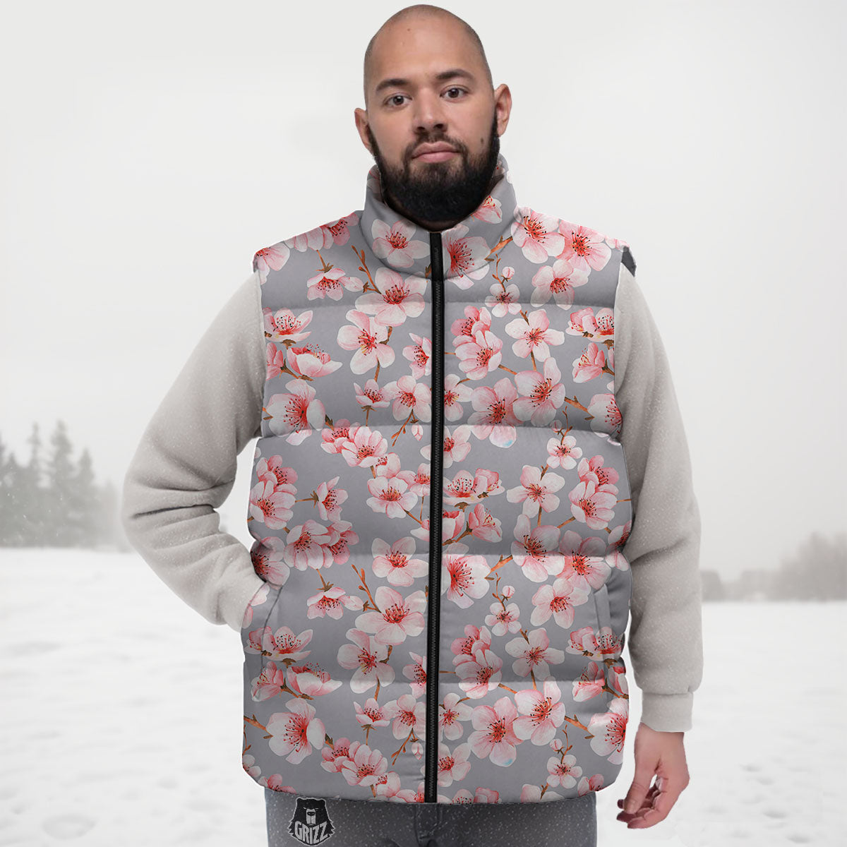 Cherry Blossom Japanese Print Pattern Down Vest