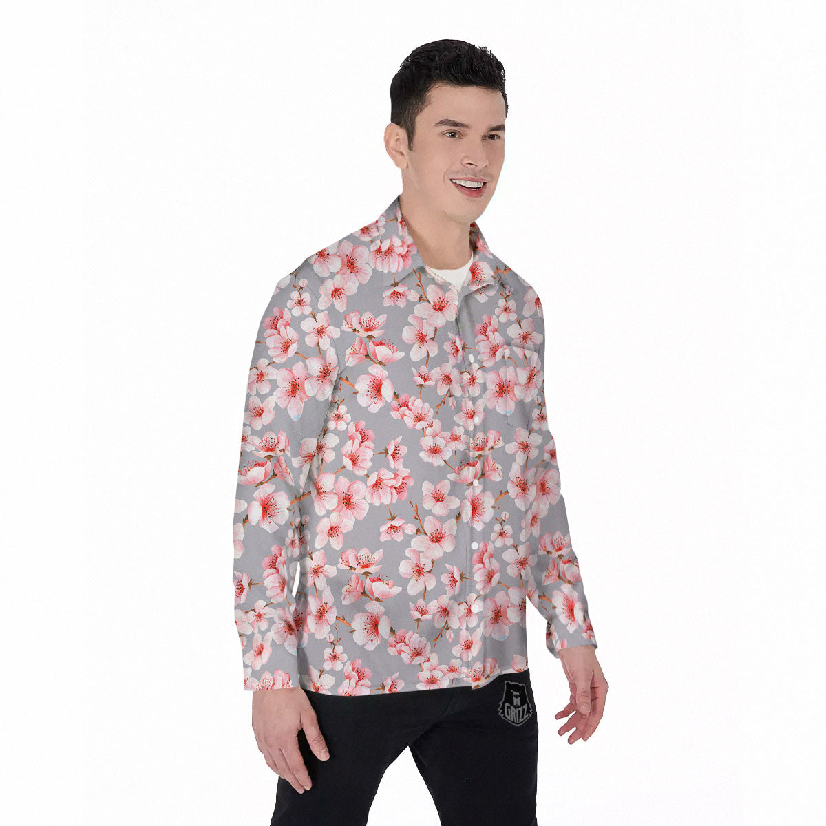 Cherry Blossom Japanese Print Pattern Men's Long Sleeve Shirts-grizzshop