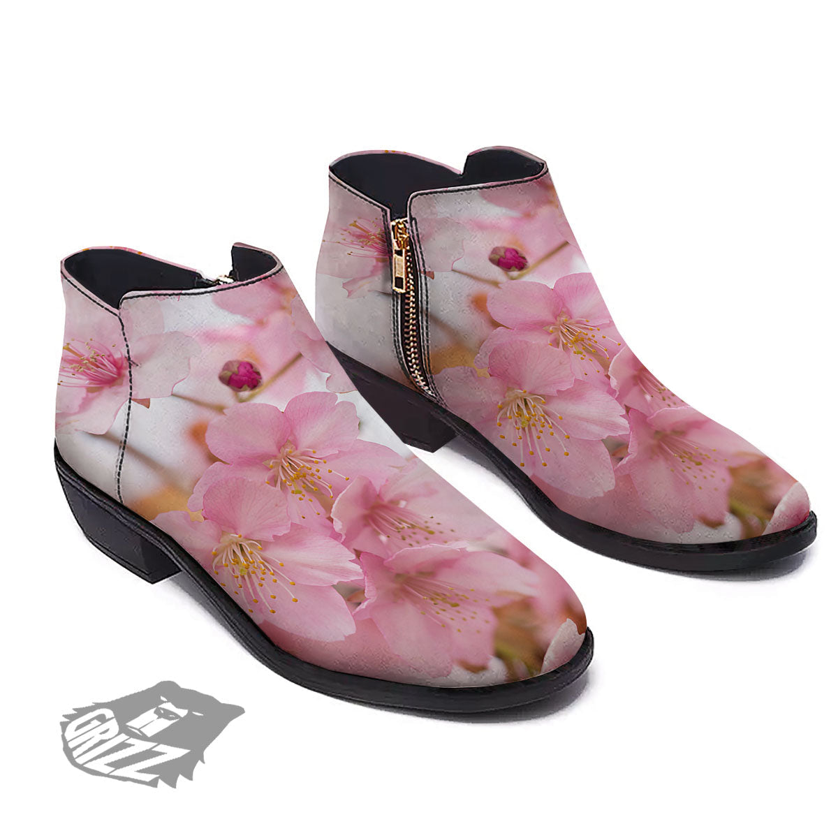 Cherry Blossom Pink Print Ankle Boots-grizzshop